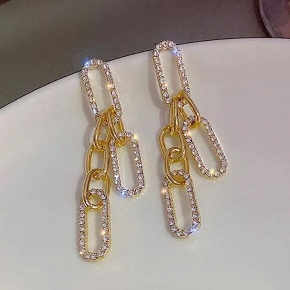 NWT Dangle Drop Earrings 14K Gold Plated Chain Links CZ  Glam Statement Modern - Picture 1 of 8